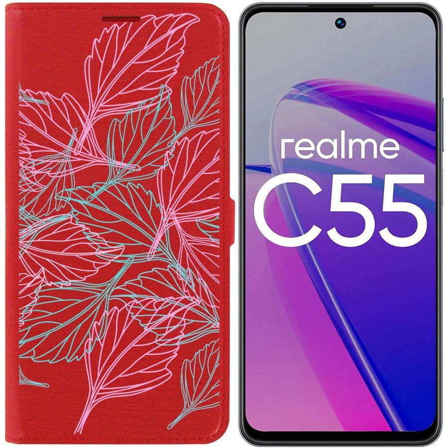 

Чехол-книжка Krutoff Eco Book для Realme C55 Листья паттерн (красный)