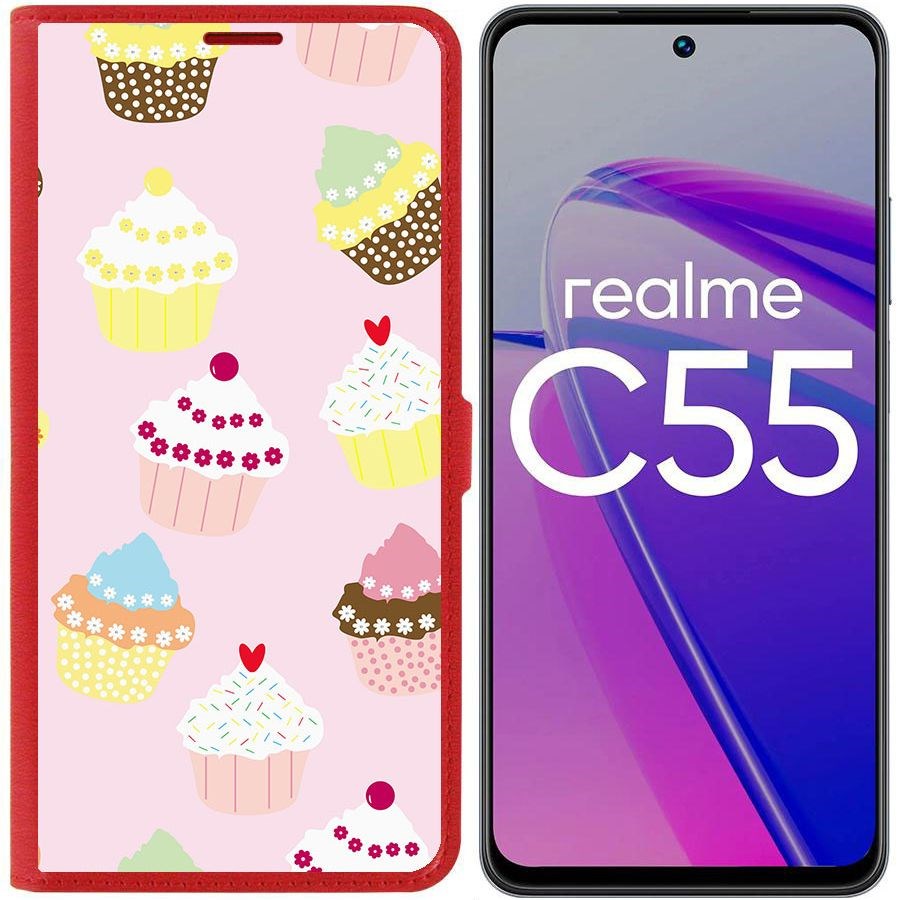 

Чехол-книжка Krutoff Eco Book для Realme C55 Пироженки (красный)
