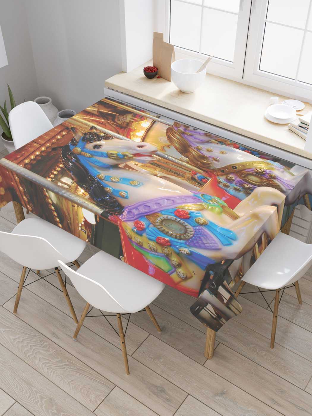 

Скатерть прямоугольная JoyArty "Карусель с лошадками" из сатена, 180x145 см, Белый, Карусель с лошадками