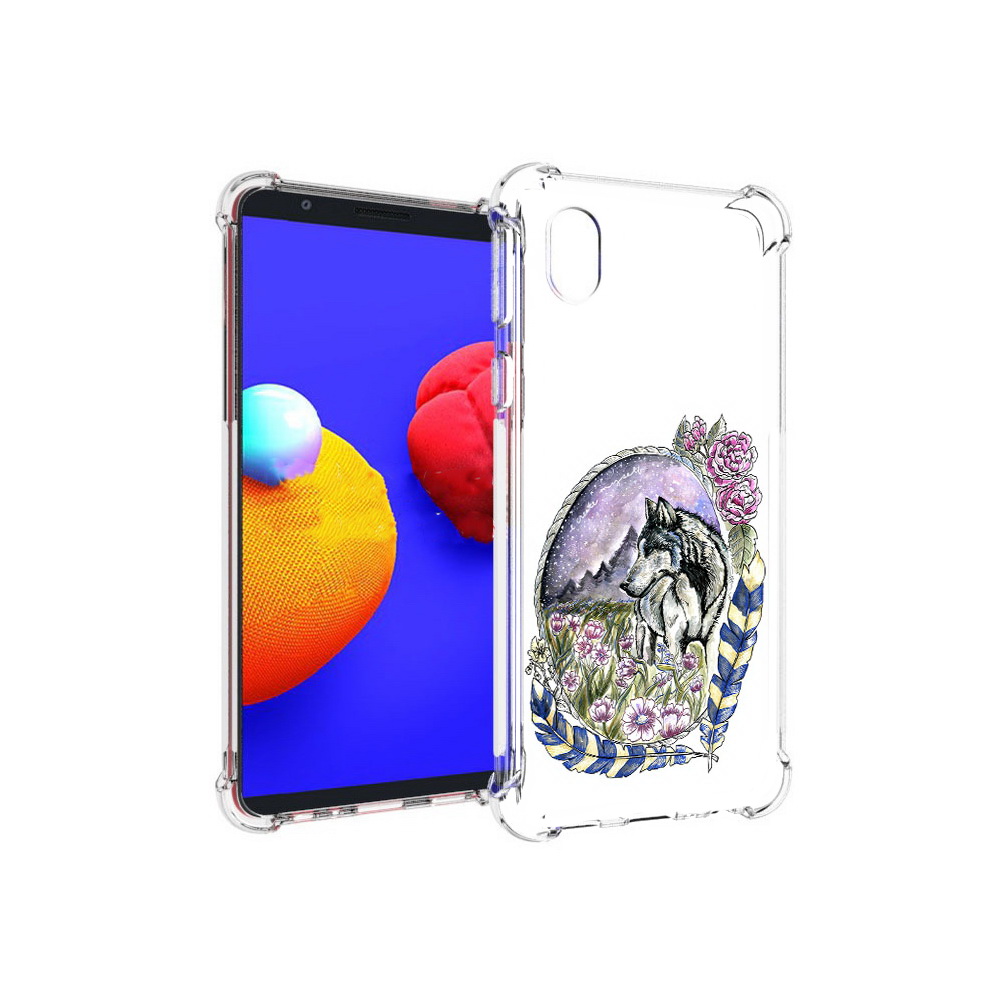 

Чехол MyPads Tocco для Samsung Galaxy A01 Core нарисованный волк в цветах с перьями, Прозрачный, Tocco
