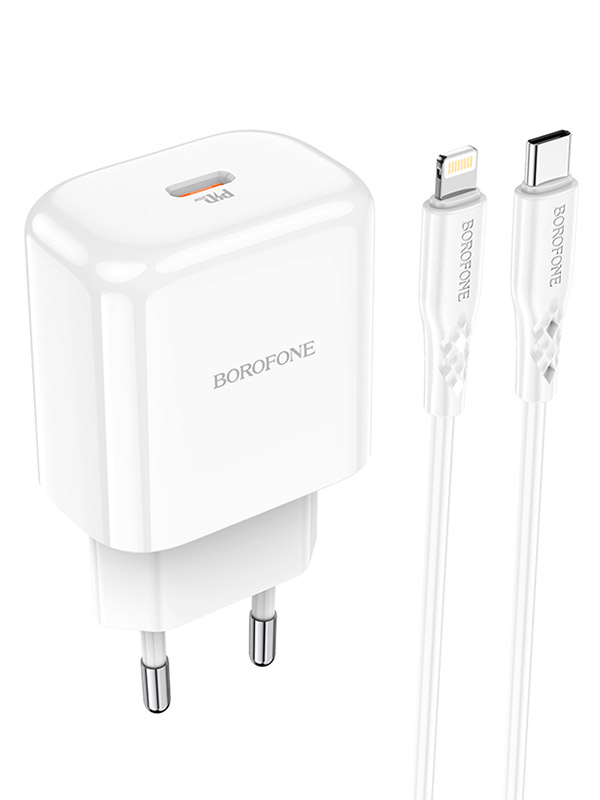 фото Зарядное устройство borofone bn3 1xusb-c pd 20w 3a + кабель lightning white 6931474748072