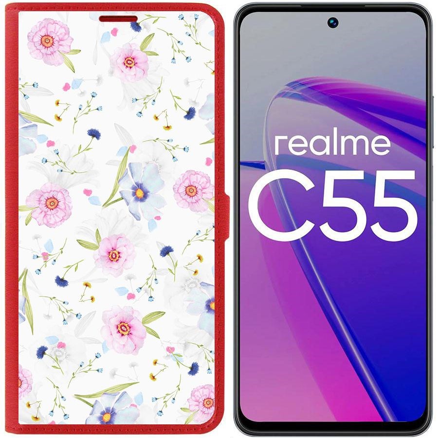 

Чехол-книжка Krutoff Eco Book для Realme C55 Цветочный паттерн 3 (красный)