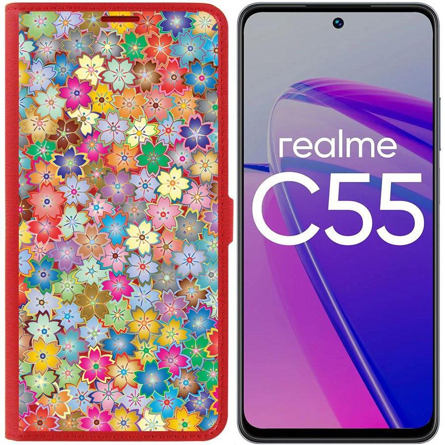 

Чехол-книжка Krutoff Eco Book для Realme C55 Цветочный паттерн 4 (красный)