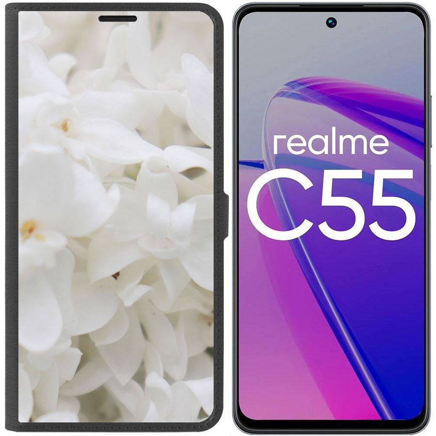 

Чехол-книжка Krutoff Eco Book для Realme C55 Белые лилии (черный)