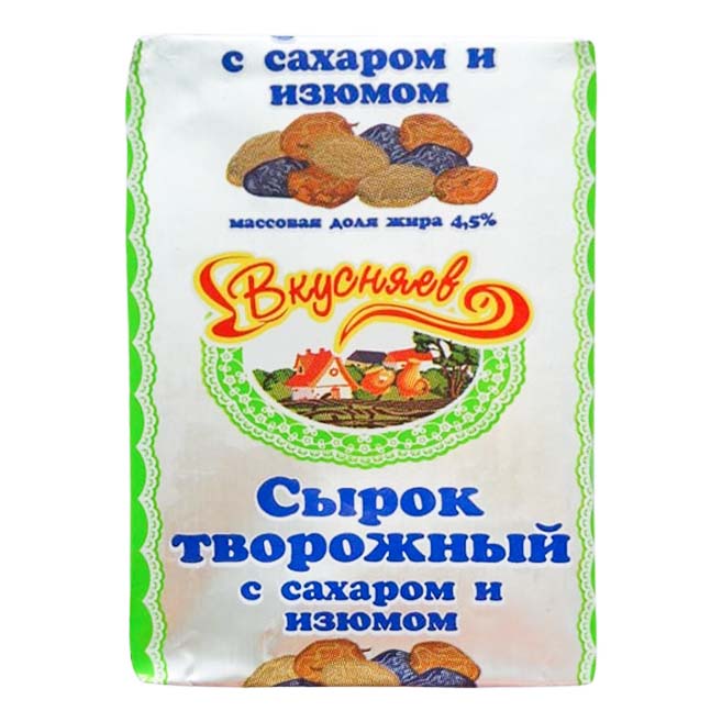 

Творожный сырок Вкусняев с сахаром и изюмом бзмж 4,5% 100 г