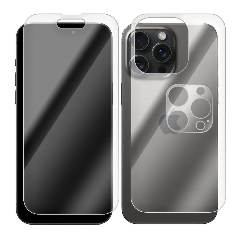 

Комплект из защитных гибридных стекол для iPhone 15 Pro Max перед/зад/камера