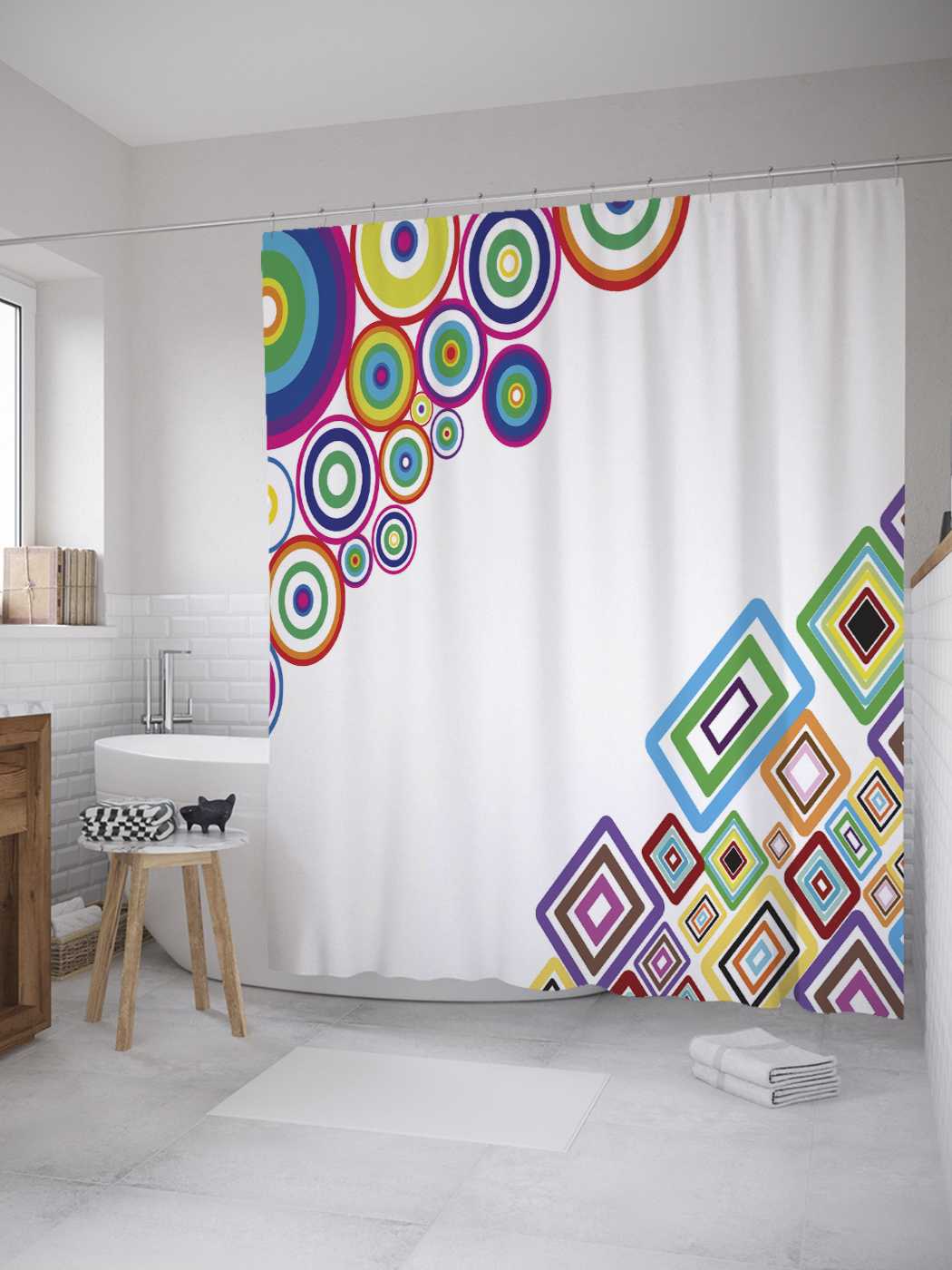 

Штора для ванной JoyArty "Радужные формы" из сатена, 180х200 см с крючками, Белый
