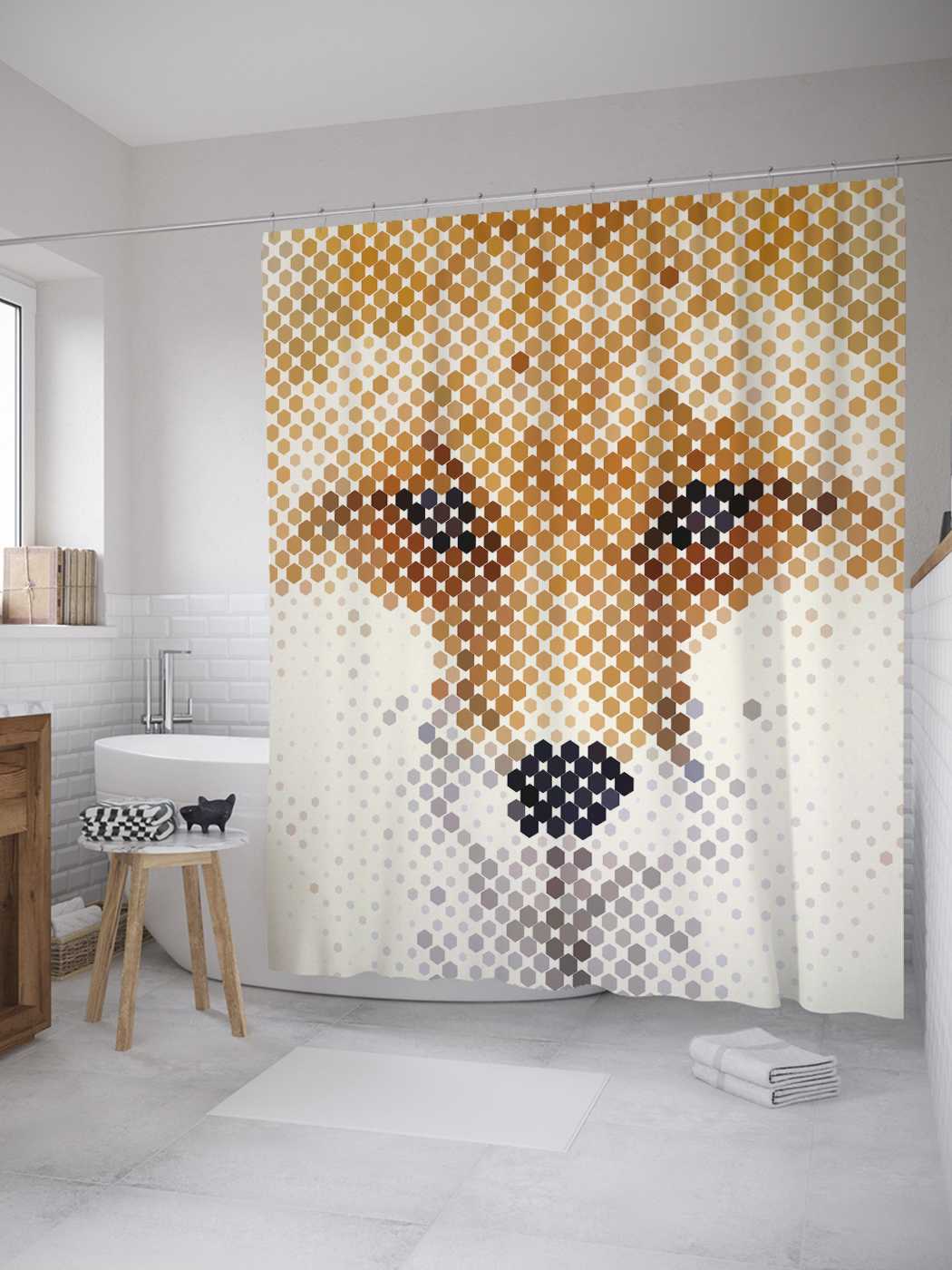 фото Штора для ванной joyarty "пиксельная лиса" из сатена, 180х200 см с крючками