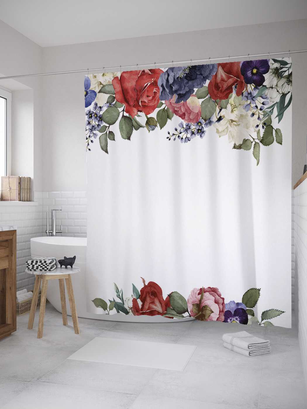 

Штора для ванной JoyArty "Цветочные линии" из сатена, 180х200 см с крючками, Белый