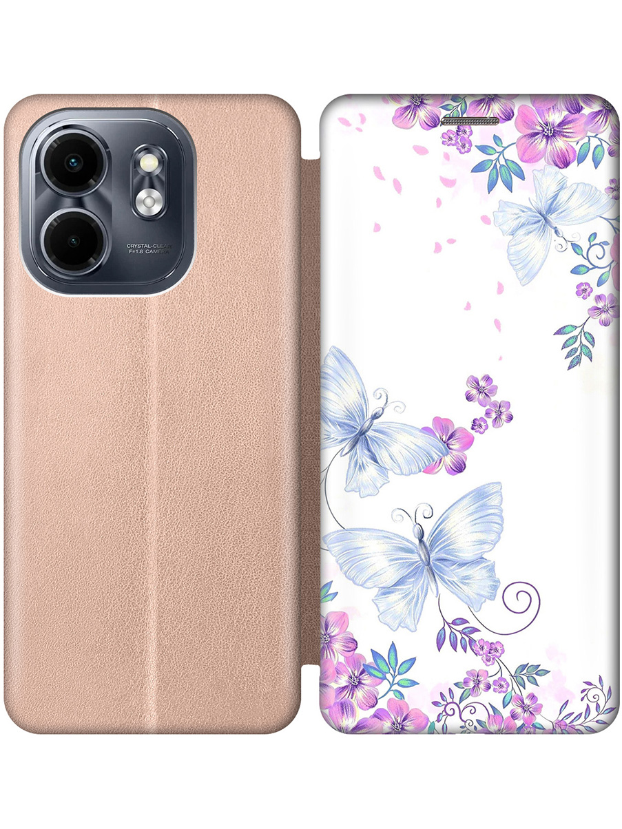 

Чехол-книжка на Infinix Hot 50i/Smart 9 с принтом "Бабочки и фиалки" золотой, Золотистый;белый;фиолетовый, 786719323