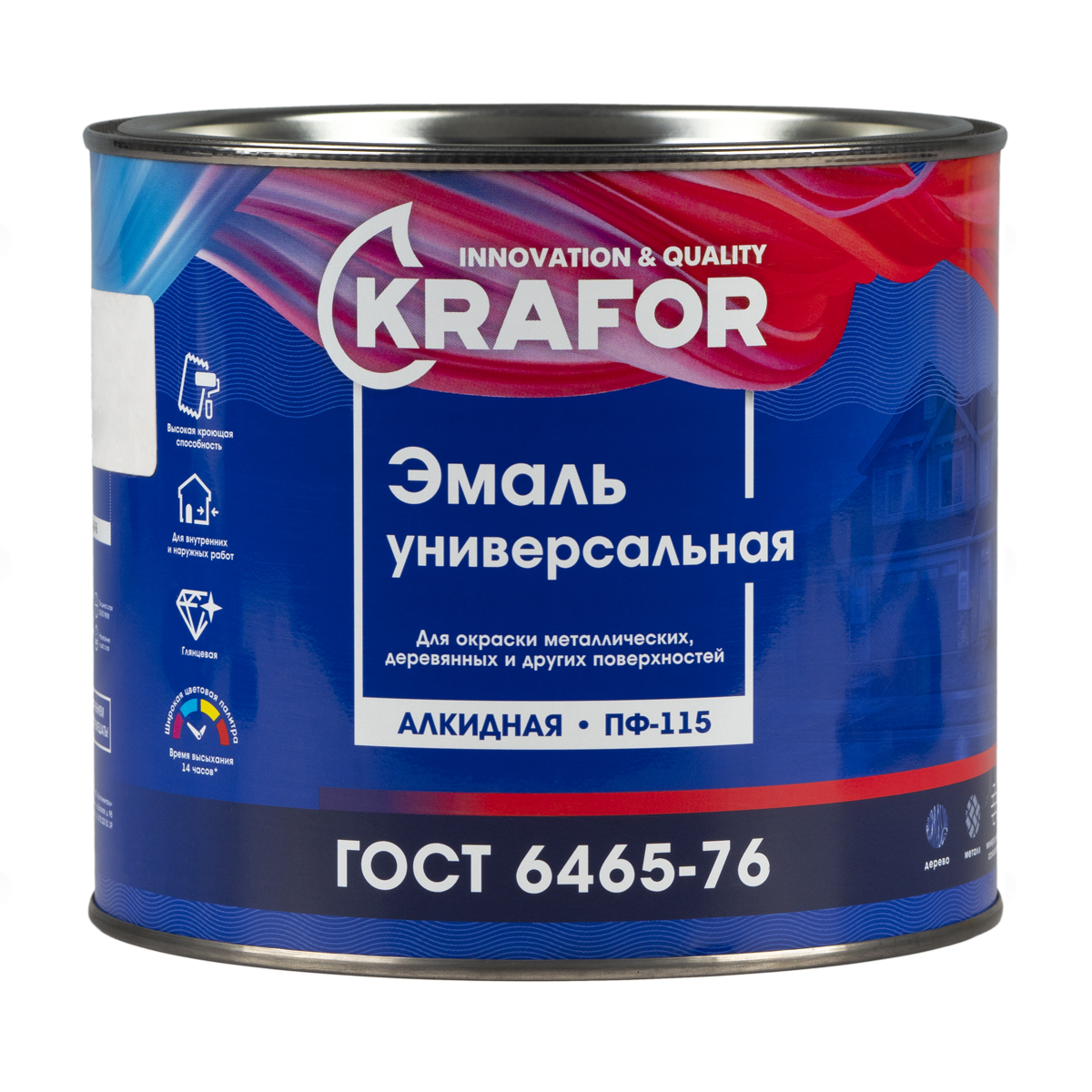 Эмаль ПФ-115 универсальная Krafor, алкидная, глянцевая, 1,8 кг, желтая