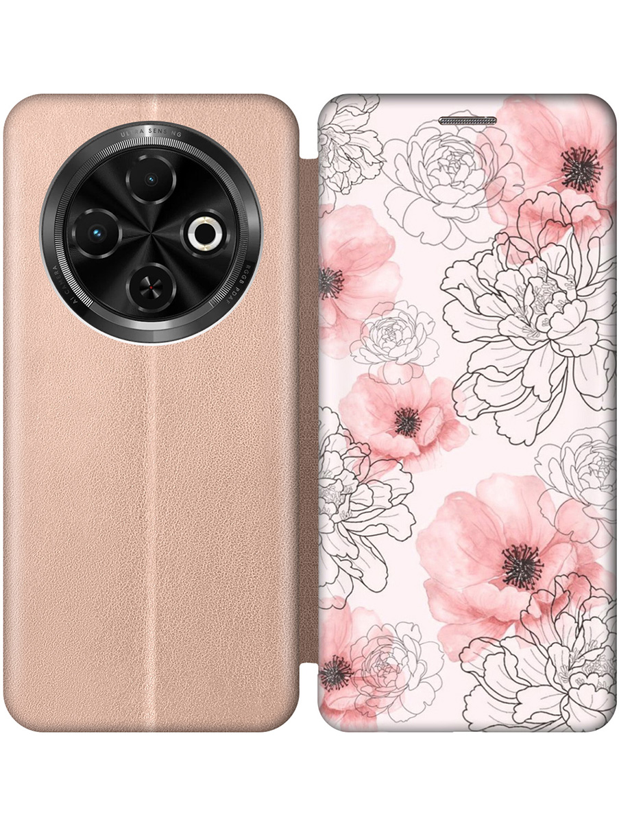 

Чехол-книжка на Tecno Spark 30C с принтом "Нежно-розовые цветы" золотой, Золотистый;розовый, 786716323