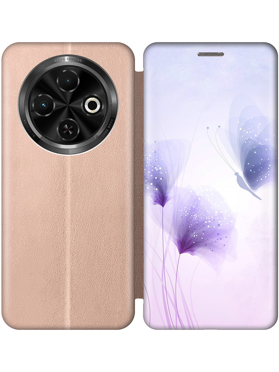 

Чехол-книжка на Tecno Spark 30C с принтом "Бабочка и фиолетовые цветы" золотой, Золотистый;фиолетовый, 786716323