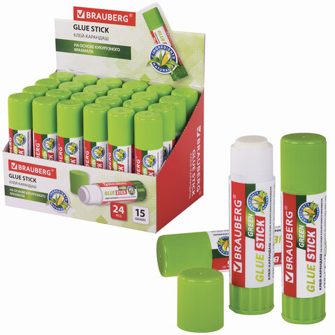 

Клей-карандаш на натуральной основе Brauberg GREEN, 15 г, 270437, 24 шт