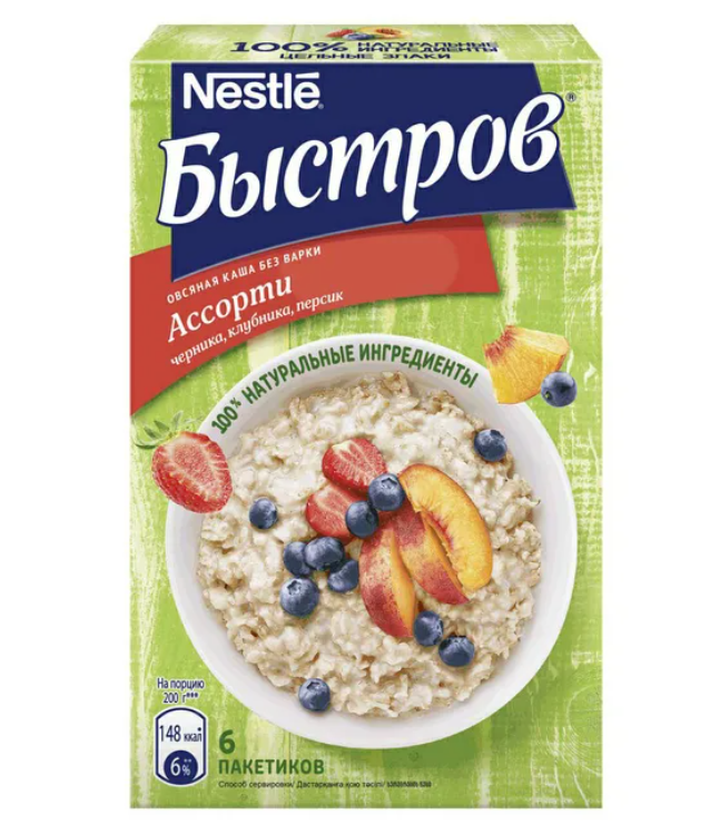 Каша Nestle Быстров овсяная ассорти клубника-персик-черника моментальная 40 г х 6 шт