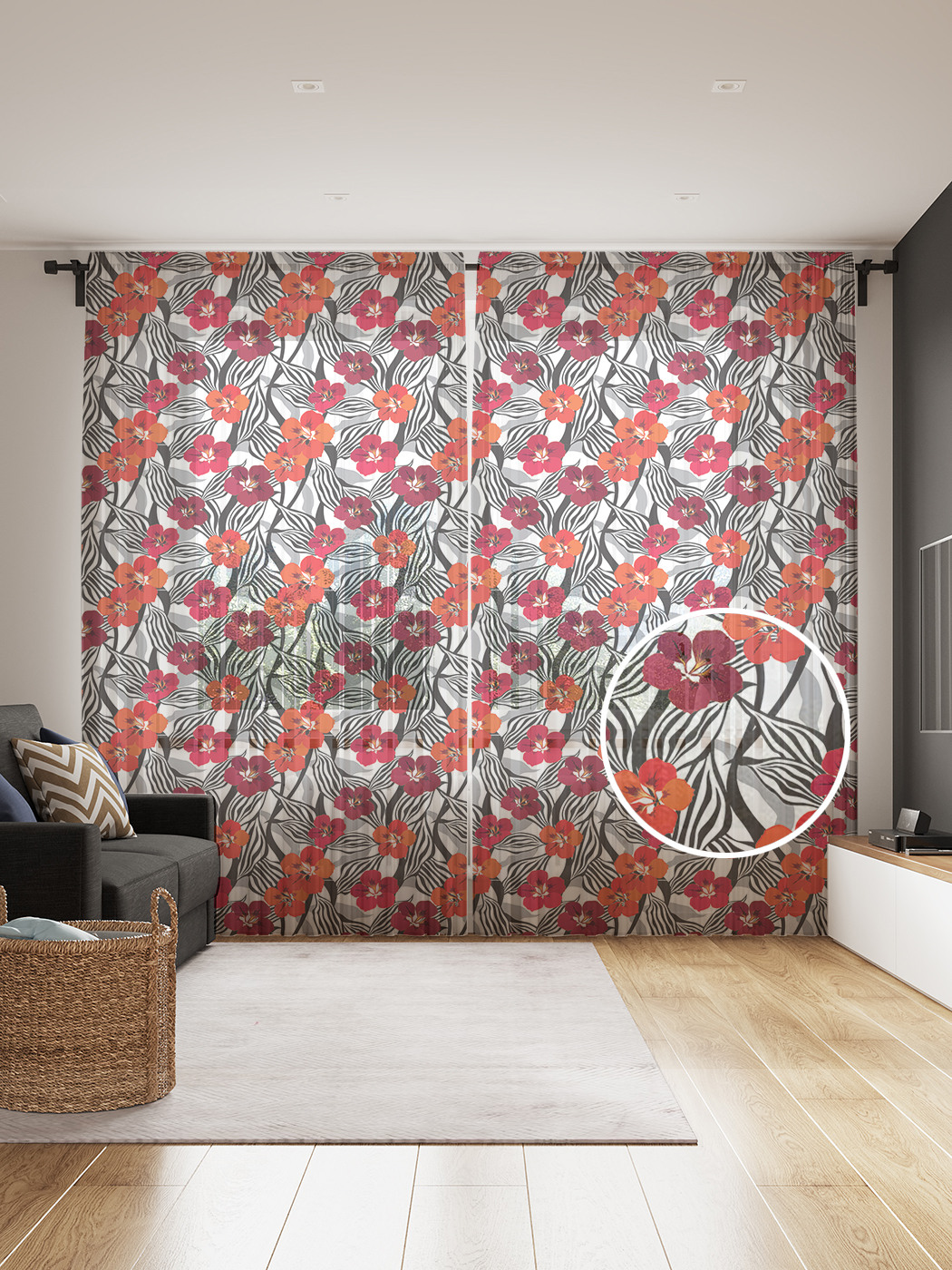 

Фототюль JoyArty "Цветы на контурных листьях" 145x265см, 2 полотна, лента, 50 крючков, Цветы на контурных листьях