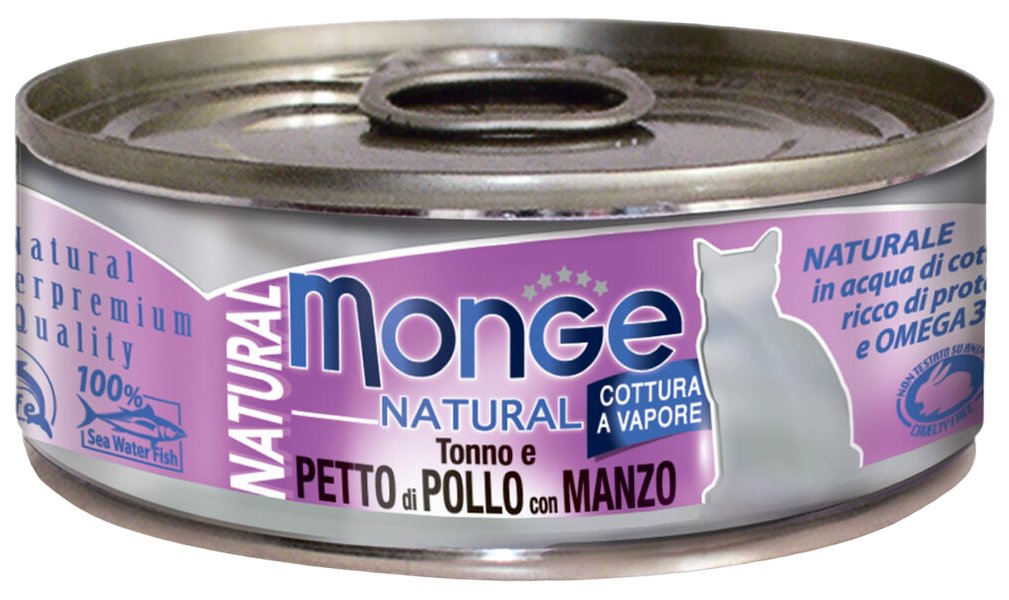

Консервы для кошек Monge Cat Natural, тунец с курицей и говядиной, 80 г, Natural