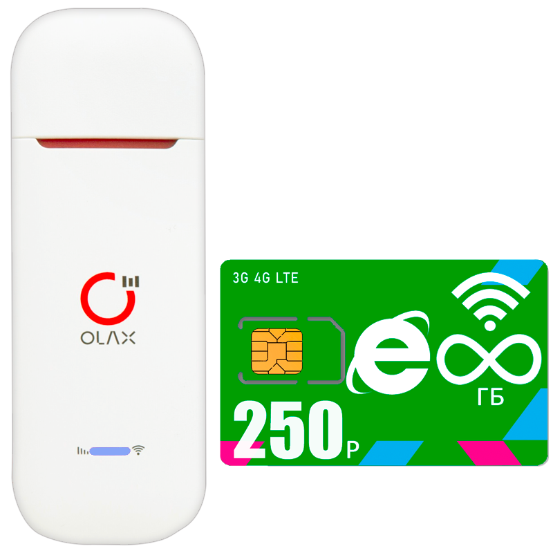 

Беспроводной USB Модем OLAX U90H I комплект с безлимитным интернетом за 250р/мес, Белый