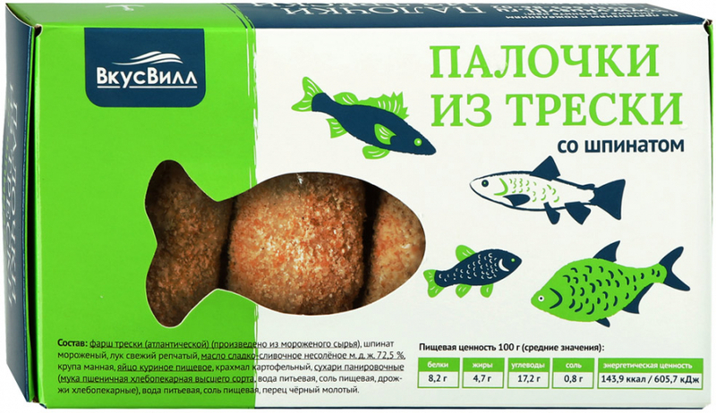 

Палочки из трески ВкусВилл со шпинатом в панировке замороженные 300 г