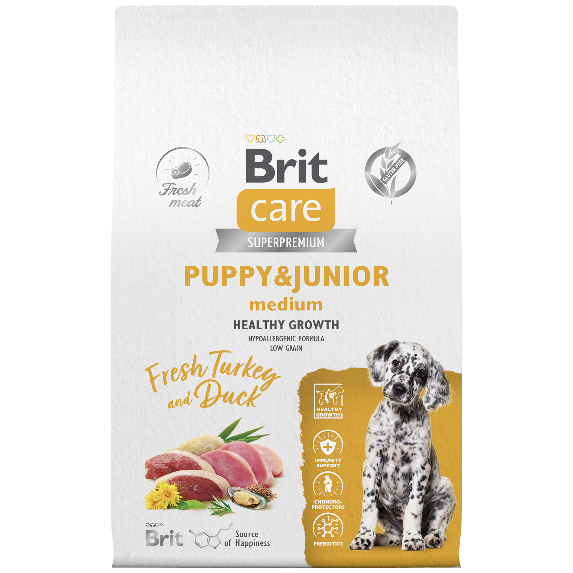 

Сухой корм для щенков BRIT CARE Puppy&Junior M Healthy Growth с индейкой и уткой ,1,5 кг