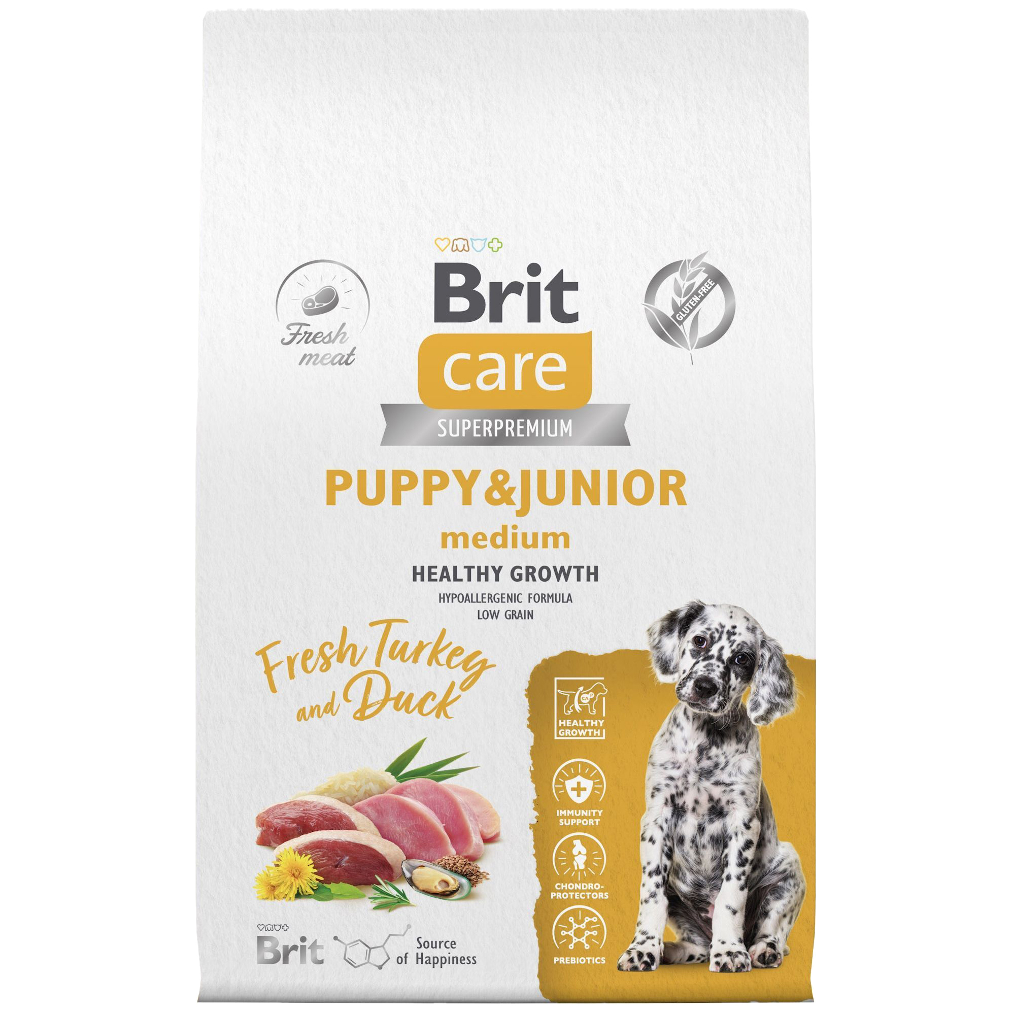 Сухой корм для щенков BRIT CARE Puppy&Junior M Healthy Growth с индейкой и уткой, 12 кг