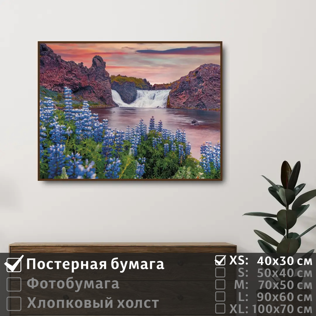 

Постер на стену ПолиЦентр Синие цветы у водопада 40х30 см, СиниеЦветыУВодопада