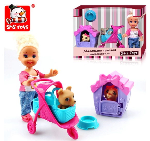 

S+S Toys Набор Кукла + 2 собаки, будка, миска, коляска-переноска 6081 с 3 лет