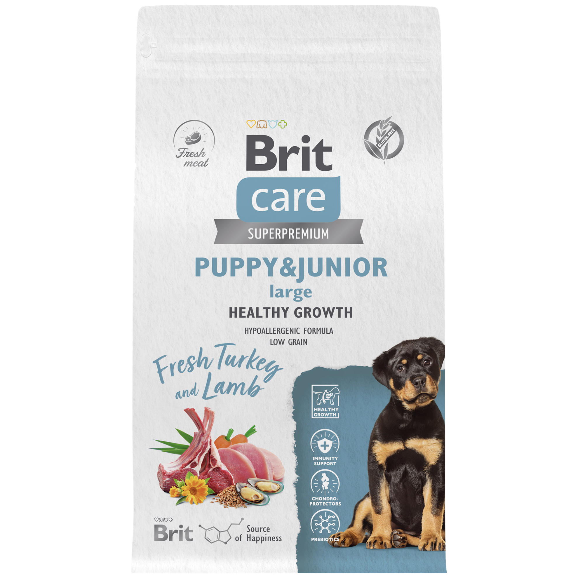 Сухой корм для щенков BRIT CARE Puppy&Junior L Healthy Growth с индейкой и ягненком, 12 кг
