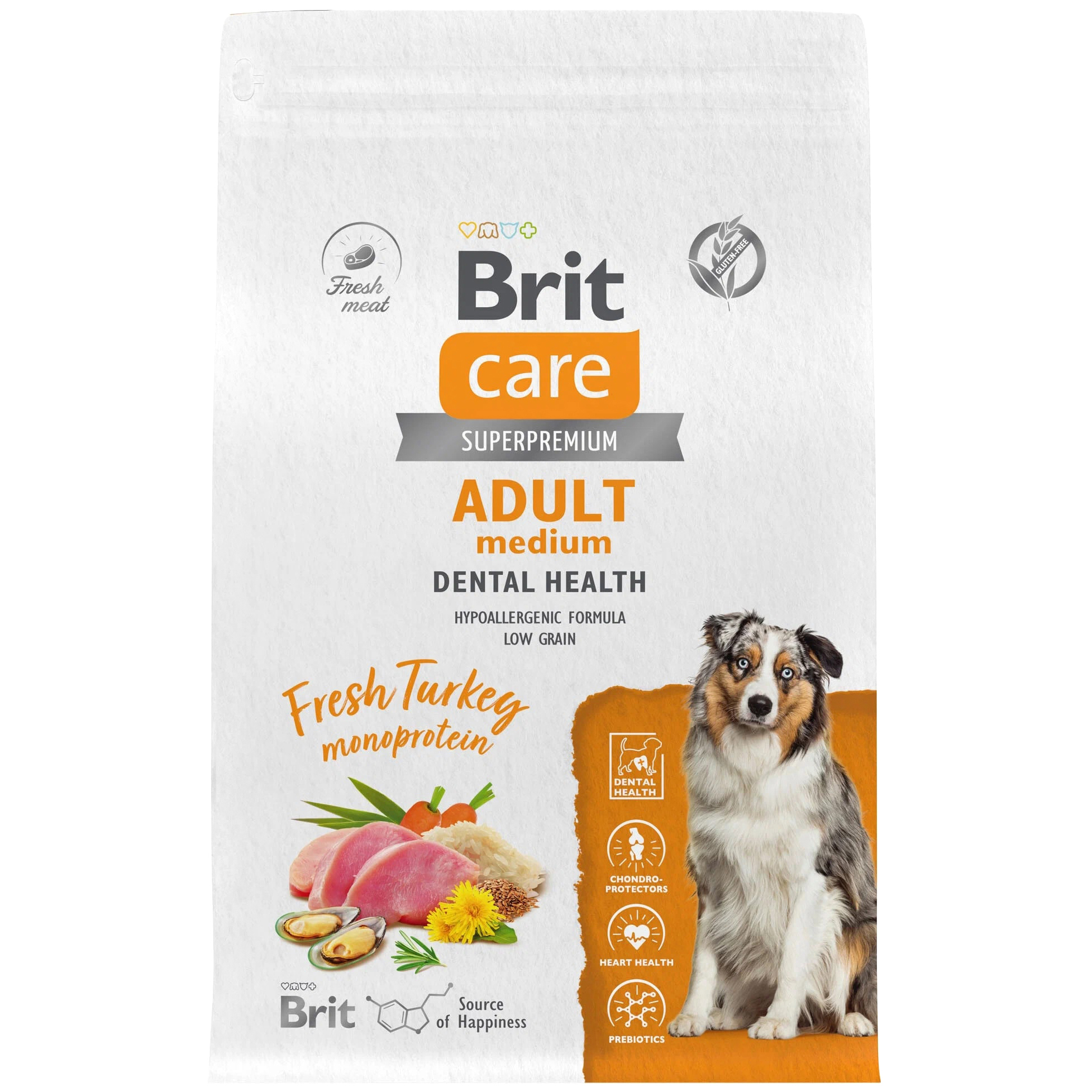 Сухой корм для собак BRIT CARE Adult M Dental Health с индейкой и уткой, 3 кг
