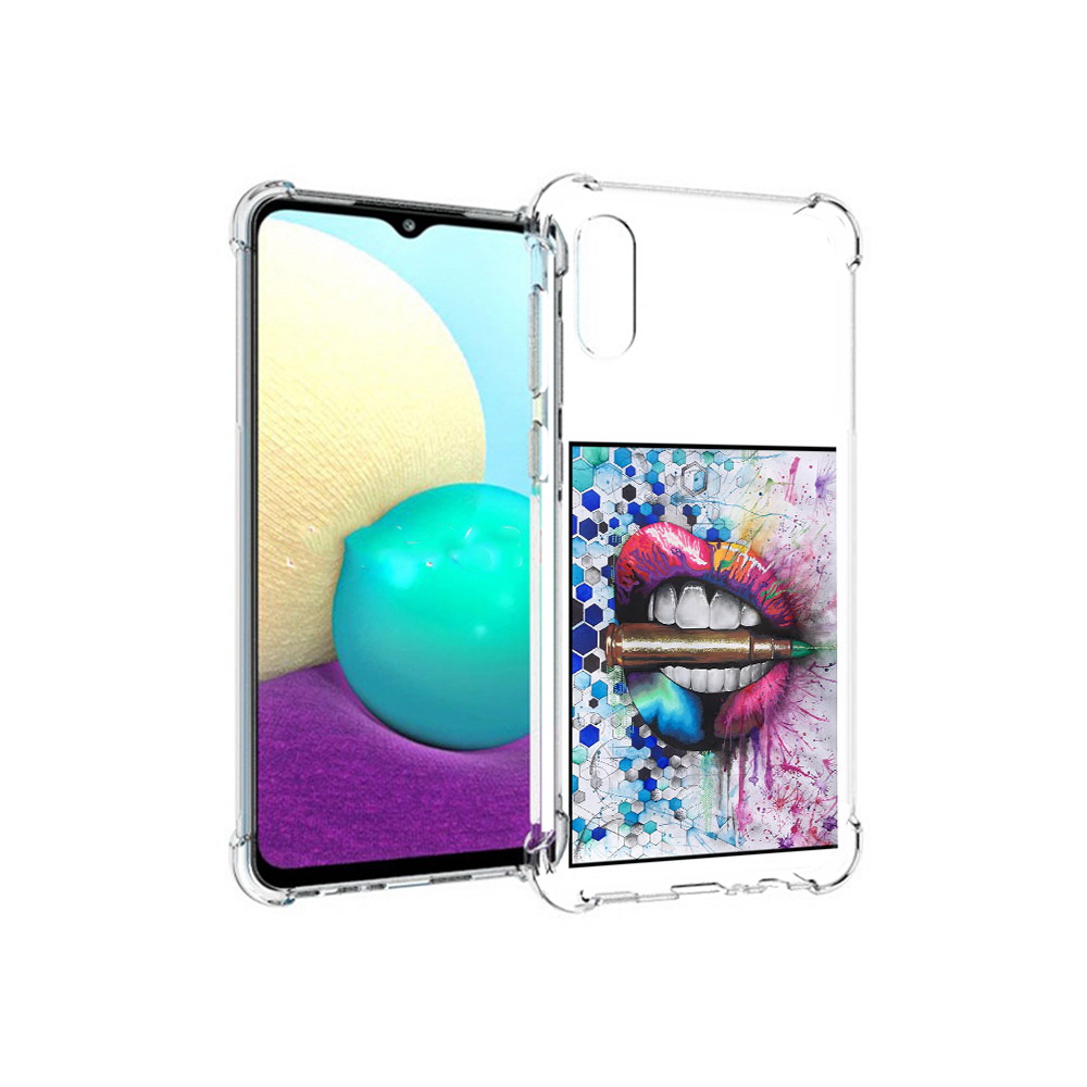 

Чехол MyPads Tocco для Samsung Galaxy M02 разноцветные губы с пулей (PT157689.478.571), Прозрачный, Tocco