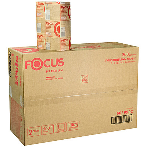 

Полотенца бумажные FOCUS Premium Z-сложения 2-слойные, 20 пачек по 200 листов, 240х225 мм