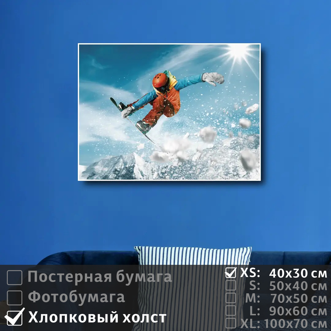 

Постер на холсте ПолиЦентр Сноубордист в полете 40х30 см, СноубордистВПолете