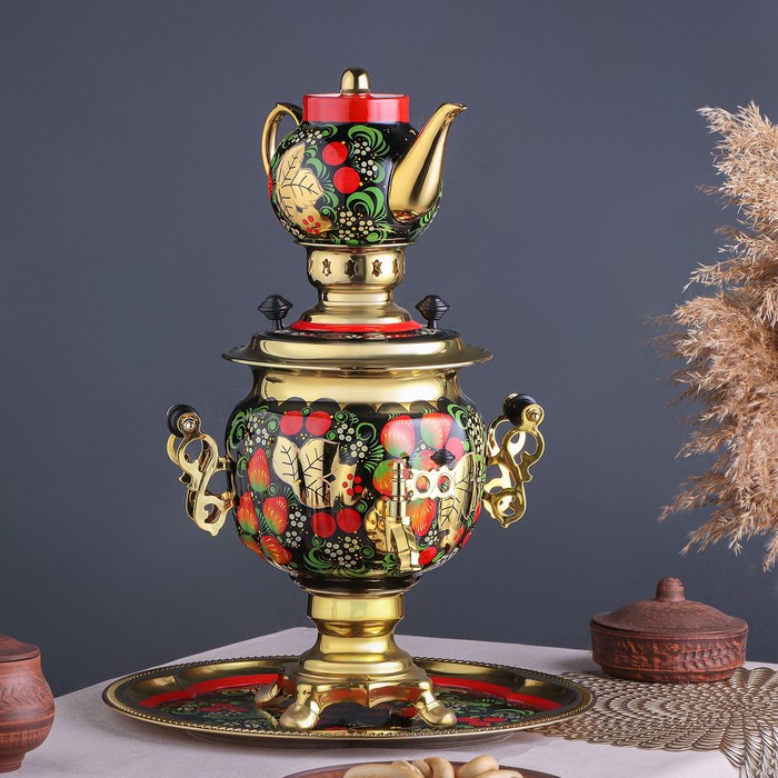 

Набор Хохлома, овал, 3 предмета, самовар 3 л, заварочный чайник 0,7 л, поднос, Разноцветный