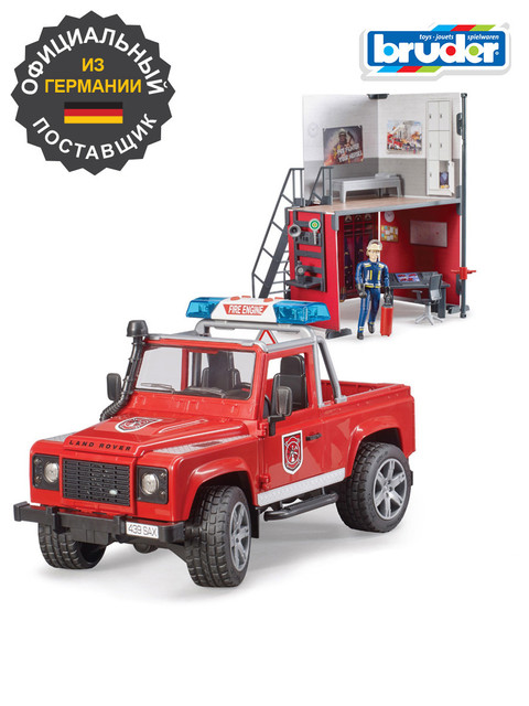 Игровой набор Bruder Пожарная станция с джипом  Land Rover Defender и фигуркой пожарного машинка технопарк land rover defender полиция со звуковыми и световыми эффектами 12см
