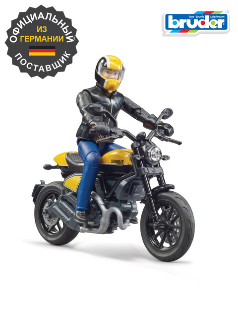 Мотоцикл Bruder Scrambler Ducati с мотоциклистом 1:16, желтый/черный 63-053 мотоцикл жёлтый scrambler ducati с мотоциклистом