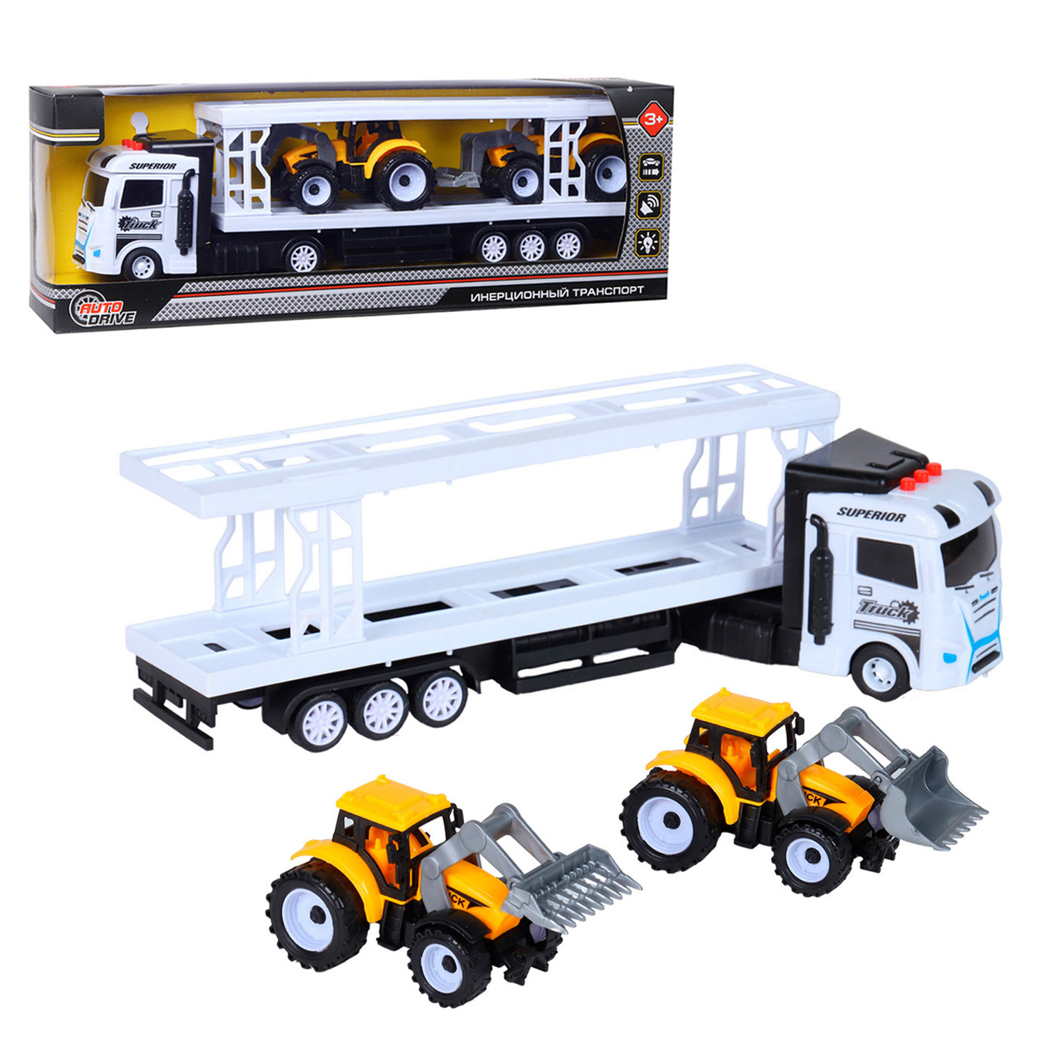 

Игрушечная машинка AUTO DRIVE Автовоз с 2-мя тракторами звук/свет, белый, JB0404522
