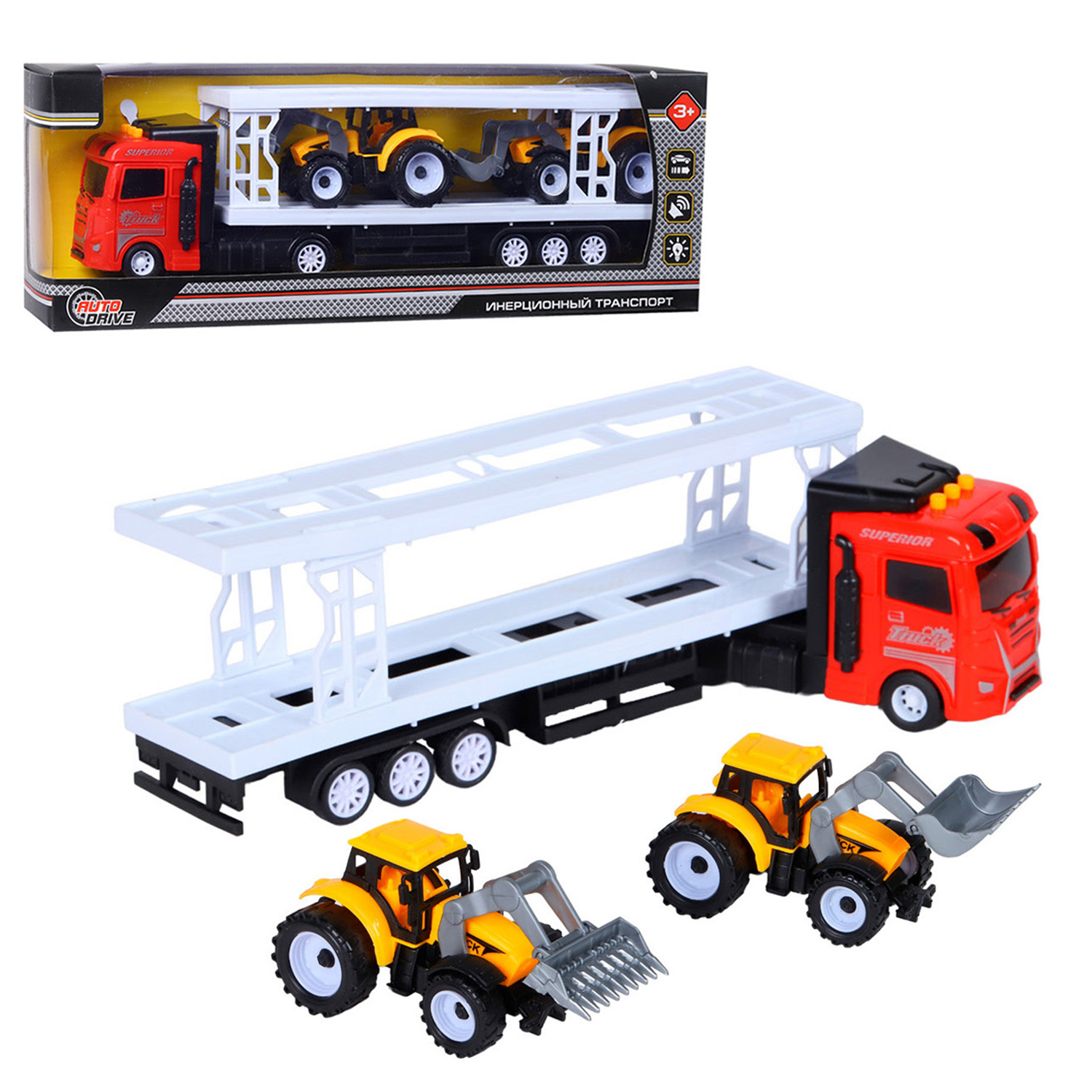 

Игрушечная машинка AUTO DRIVE Автовоз с 2-мя тракторами звук/свет, красный, JB0404523