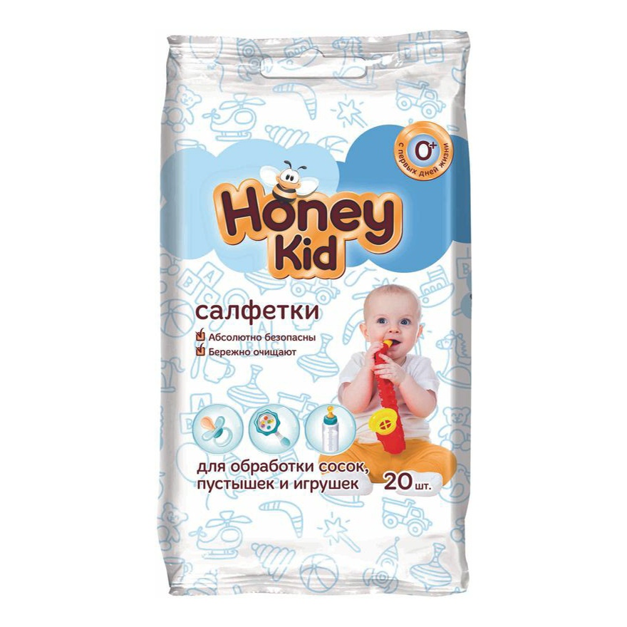 фото Салфетки влажные детские honey kid для обработки сосок и игрушек 20 шт