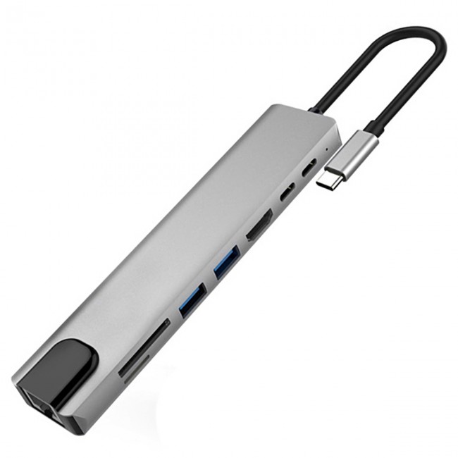 Концентратор TM8 USB-C hub 8 в 1 RJ45, HDMI, SD, USB 3.0