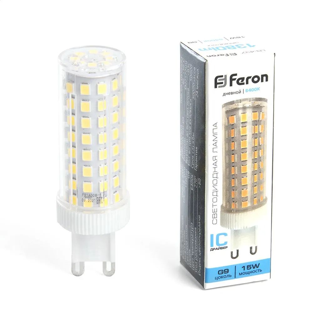 

Лампа светодиодная Feron G9 15W 6400K прозрачная LB-437 38214, 1шт