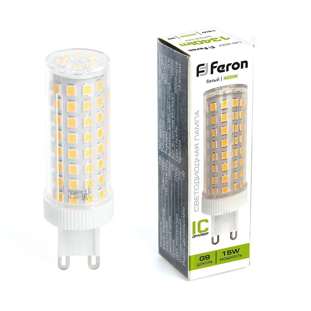 

Лампа светодиодная Feron G9 15W 4000K прозрачная LB-437 38213, 1шт