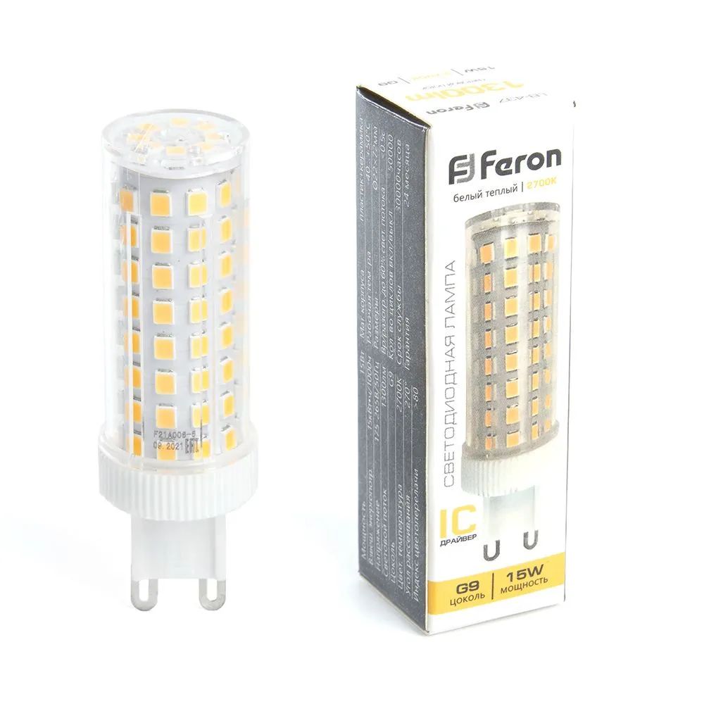 

Лампа светодиодная Feron G9 15W 2700K прозрачная LB-437 38212, 1шт