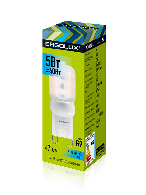 фото Лампочка ergolux g9 5w 207-240v 4500k 475lm led-g9-5w-g9-4k 14349