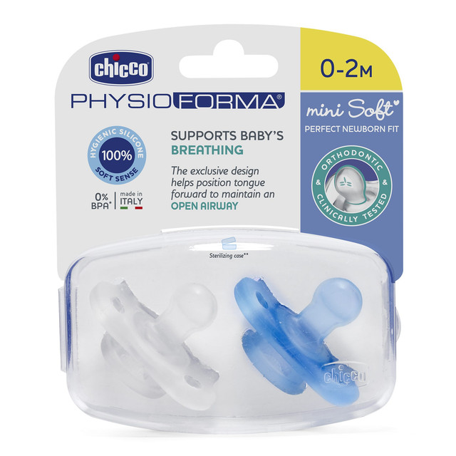 Пустышка Chicco Physio Soft Mini,2шт.,0-2 мес., силикон,голубая