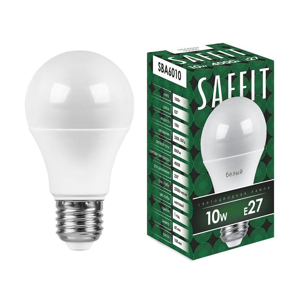 фото Лампа светодиодная saffit, 10w 230v e27 4000k a60, sba6010-5, 10шт