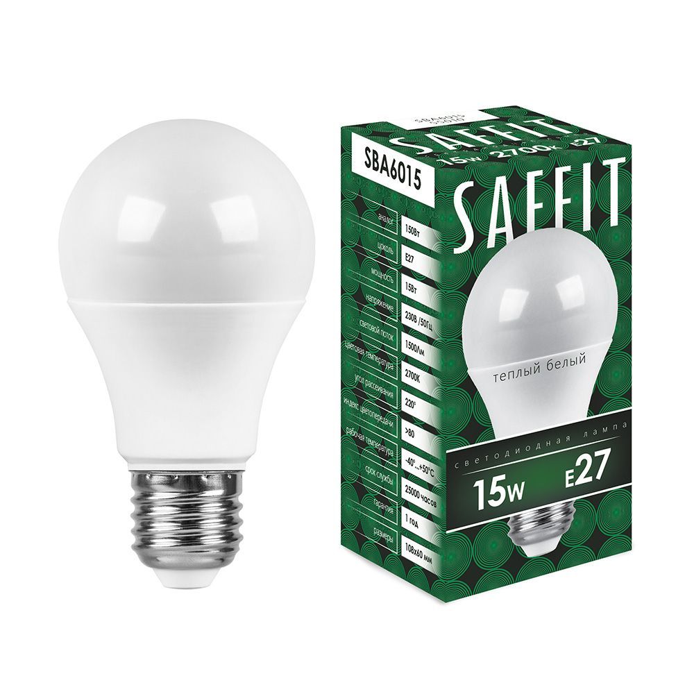 фото Лампа светодиодная saffit, 15w 230v e27 2700k a60, sba6015-5, 10шт