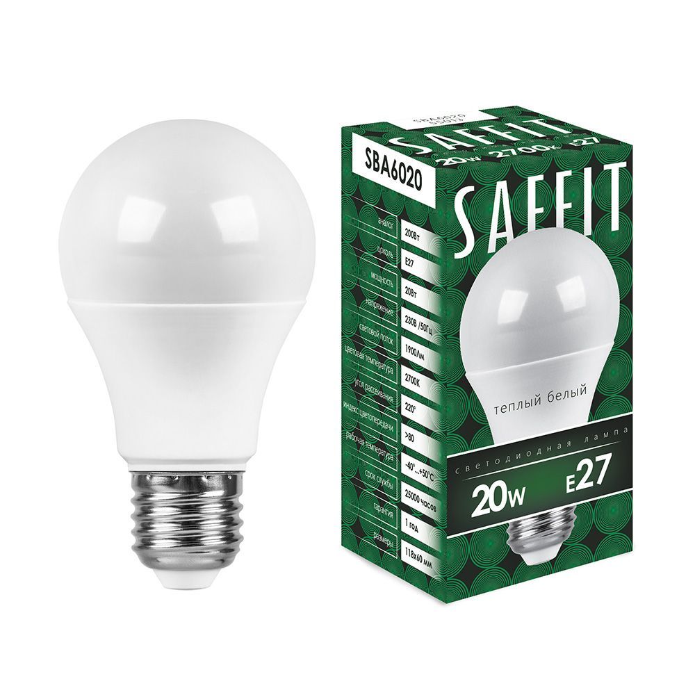 фото Лампа светодиодная saffit, 20w 230v e27 2700k a60, sba6020-5, 10шт