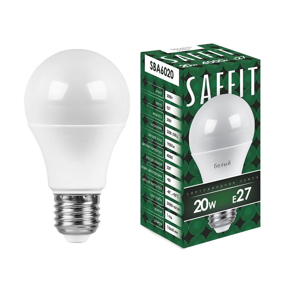 

Лампа светодиодная Saffit, 20W 230V E27 4000K A60, SBA6020-5, 10шт