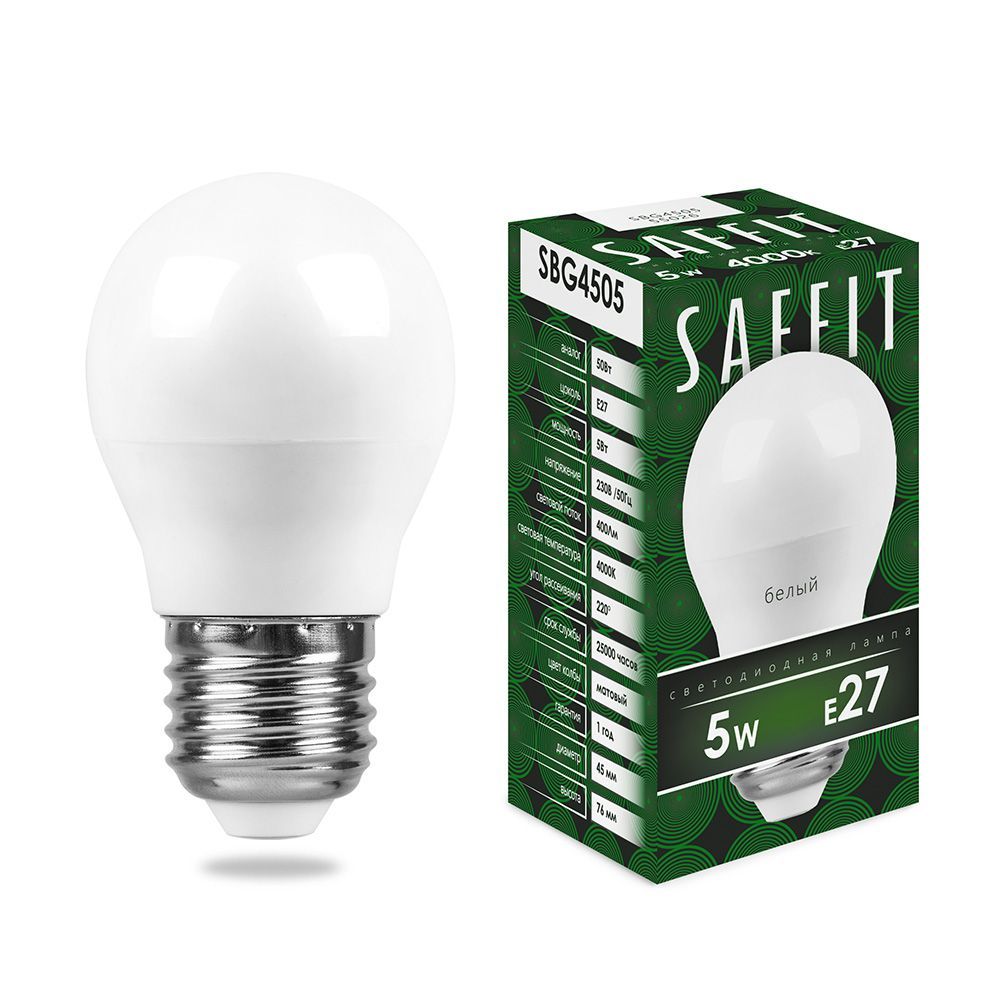 

Лампа светодиодная Saffit, 5W 230V E27 4000K G45, SBG4505-5, 10шт