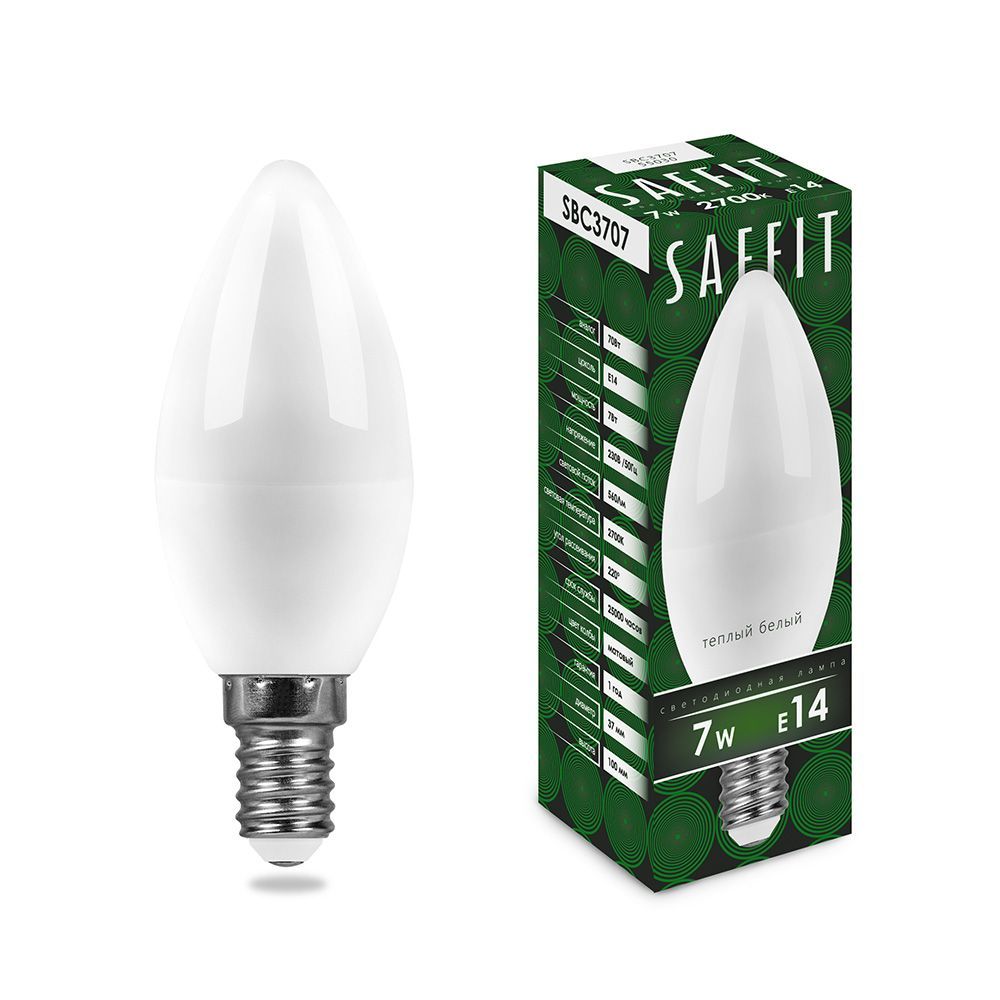 

Лампа светодиодная Saffit, 7W 230V E14 2700K C37, SBC3707-5, 10шт